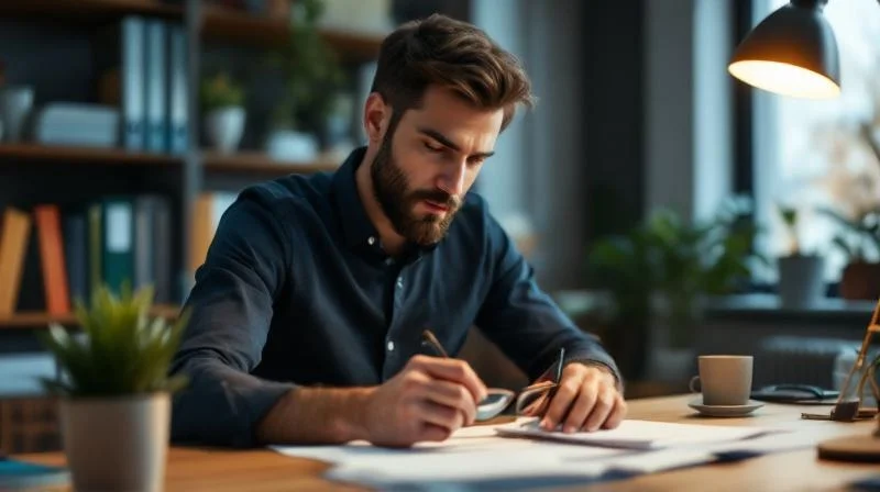 Frau berechnet Foerderung fuer Wirtschaftsfachwirt am Schreibtisch in Guetersloh