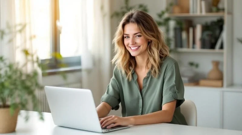 Frau mit Laptop am Schreibtisch in einem hellen Zimmer in Guetersloh