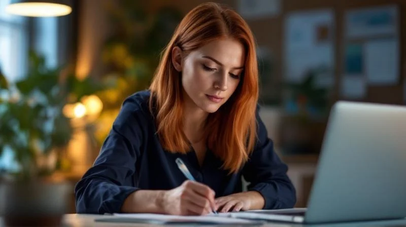 Frau studiert abends am Laptop fuer ihre IHK-Fortbildung in Guetersloh
