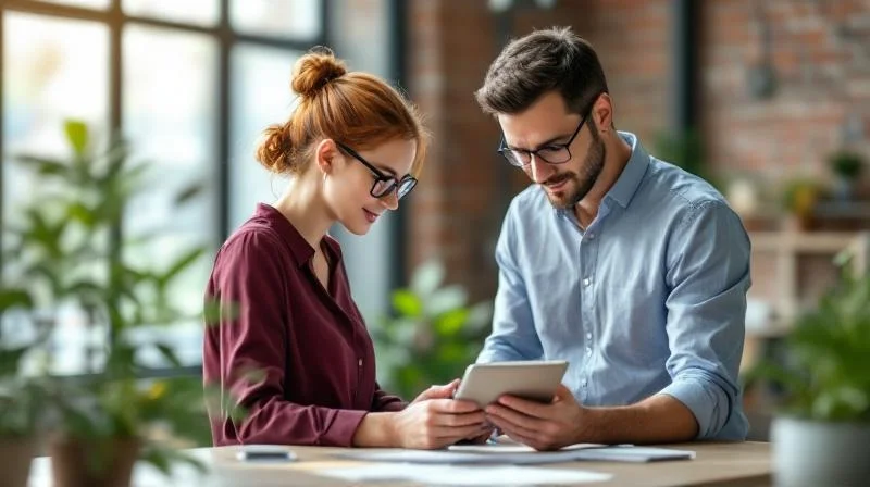 Zwei Kollegen besprechen Dokumente in einem modernen Buero in Ostwestfalen-Lippe