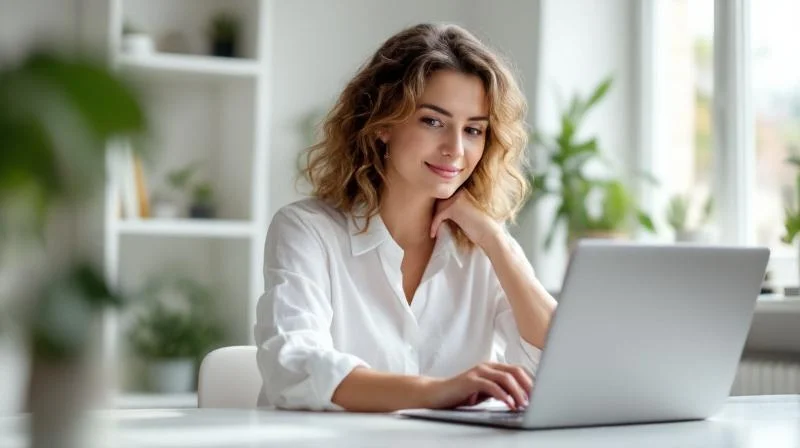 Frau arbeitet am Laptop in einem Buero in Guetersloh