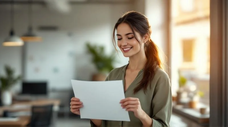 Frau mit IHK-Zeugnis laechelt in einem modernen Buero in Ostwestfalen