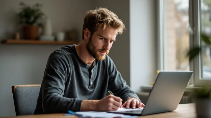 Mann lernt konzentriert am Laptop in einem ruhigen Raum in Guetersloh