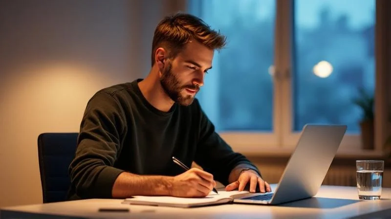 Mann lernt abends am Laptop in einem modernen Homeoffice in Ostwestfalen